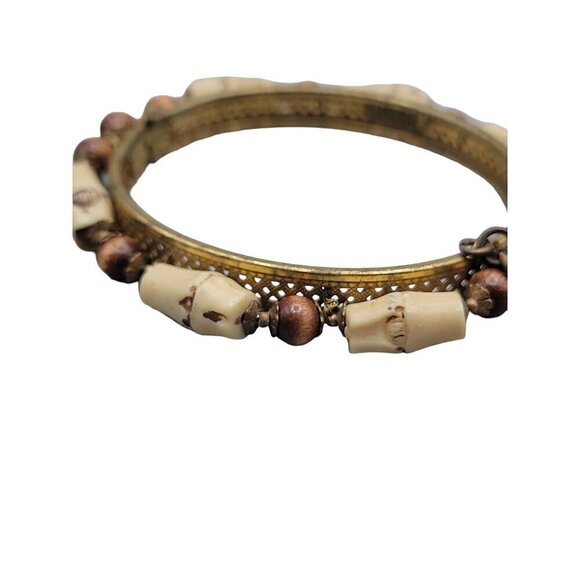 Miriam Haskell Rare Hinged Clamper Bangle Bracelet Resin Bamboo Wood Beads 6.5" - Picture 8 of 14